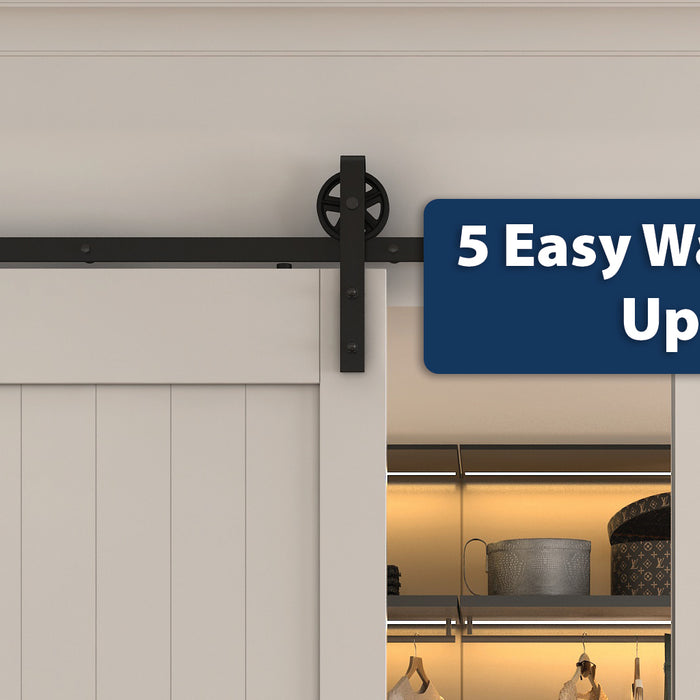 Wagon Wheel Barn Door Hardware on White Door